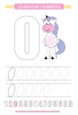 Funny children flashcard number zero. Unicorn with hearts learning to count and to write. Coloring printable worksheet for kinderg Royalty Free Stock Photo